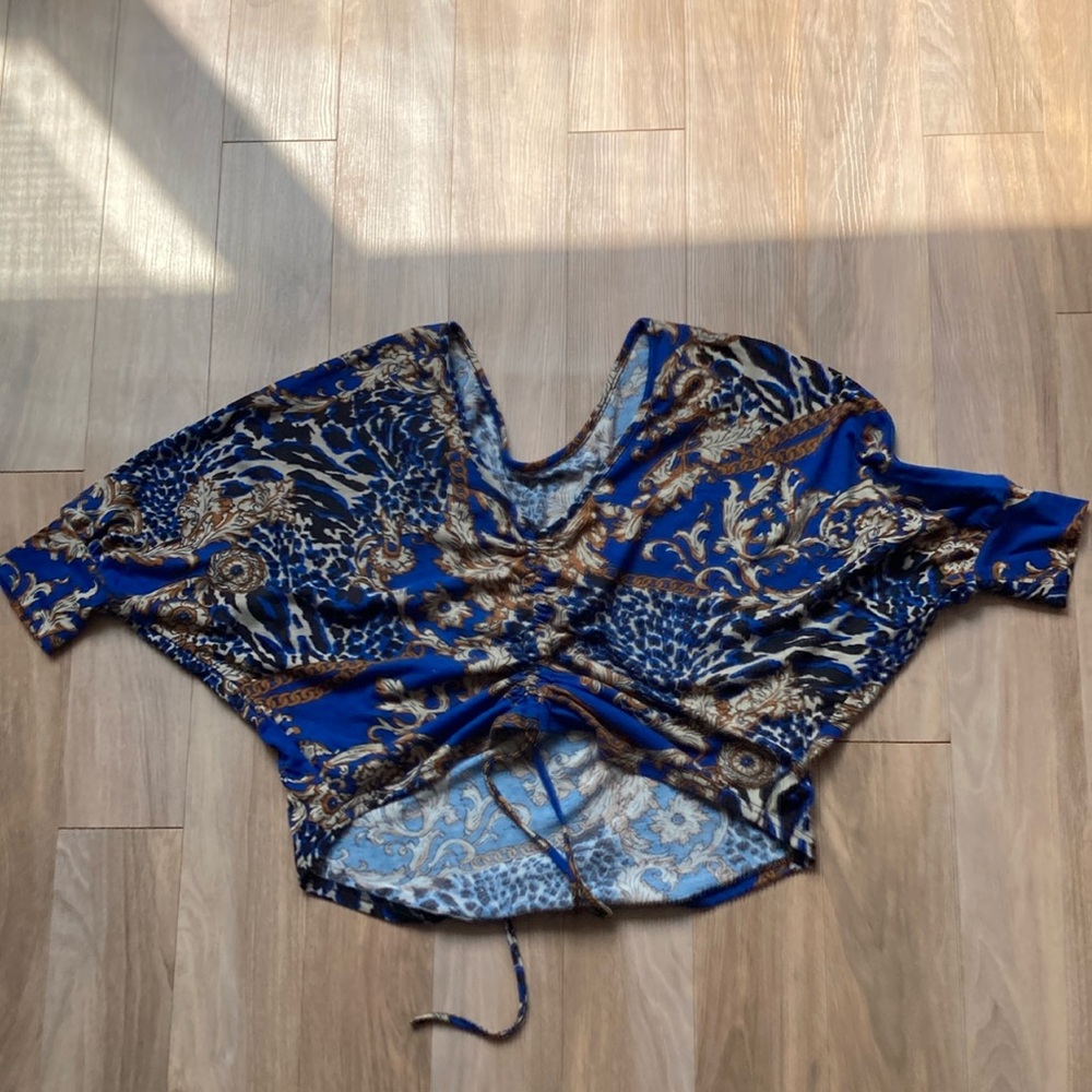 Floral print top boho w stretch adjustable length w/ cinch casual  M jrs - Picture 10 of 14